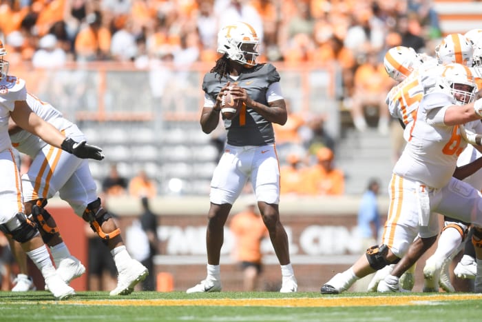 Tennessee QB Joe Milton III dropping back to pass during the spring game in Knoxville, Tennessee, on April 15, 2023. (Photo by Caitie McMekin of the News Sentinel)